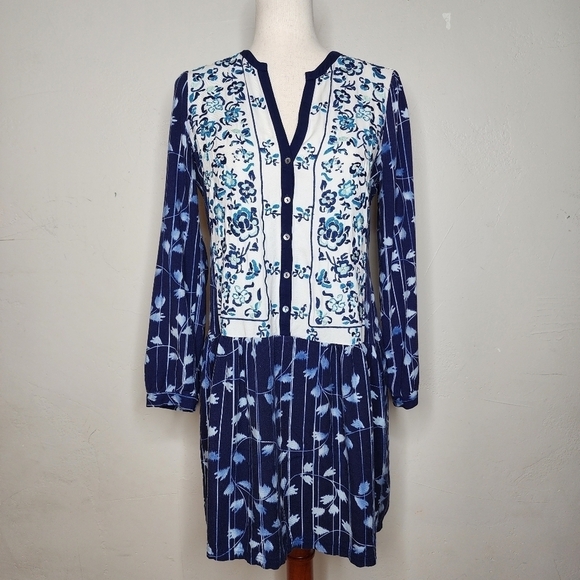 ANTHROPOLOGIE Tiny Semele Navy/White‎ embroidered floral Boho Shirtdress Dress S - Picture 1 of 16